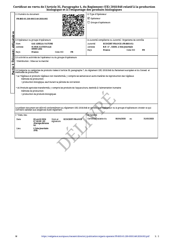 Certificat Agriculture Biologique - ADELIA NATURE 31-03-2028