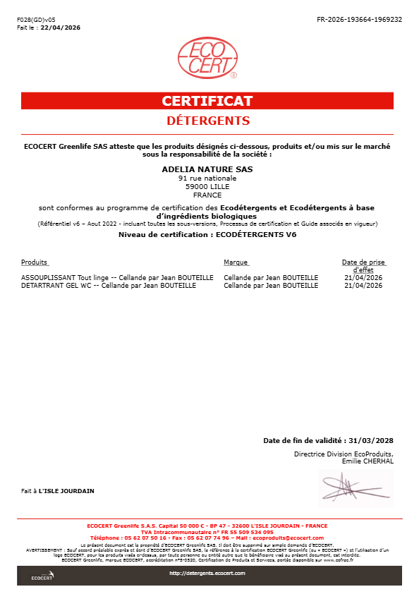 2028-03-31 CERTIFICAT ECODETERGENT V6 ADELIA NATURE JEAN BOUTEILLE 2026-04-21